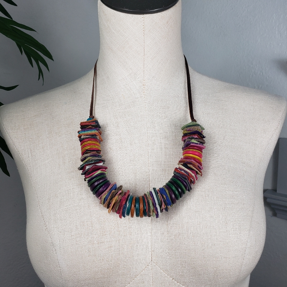 Multicolor Leather Layered Swatches with Wooden Buttons on a Leather Cord.
